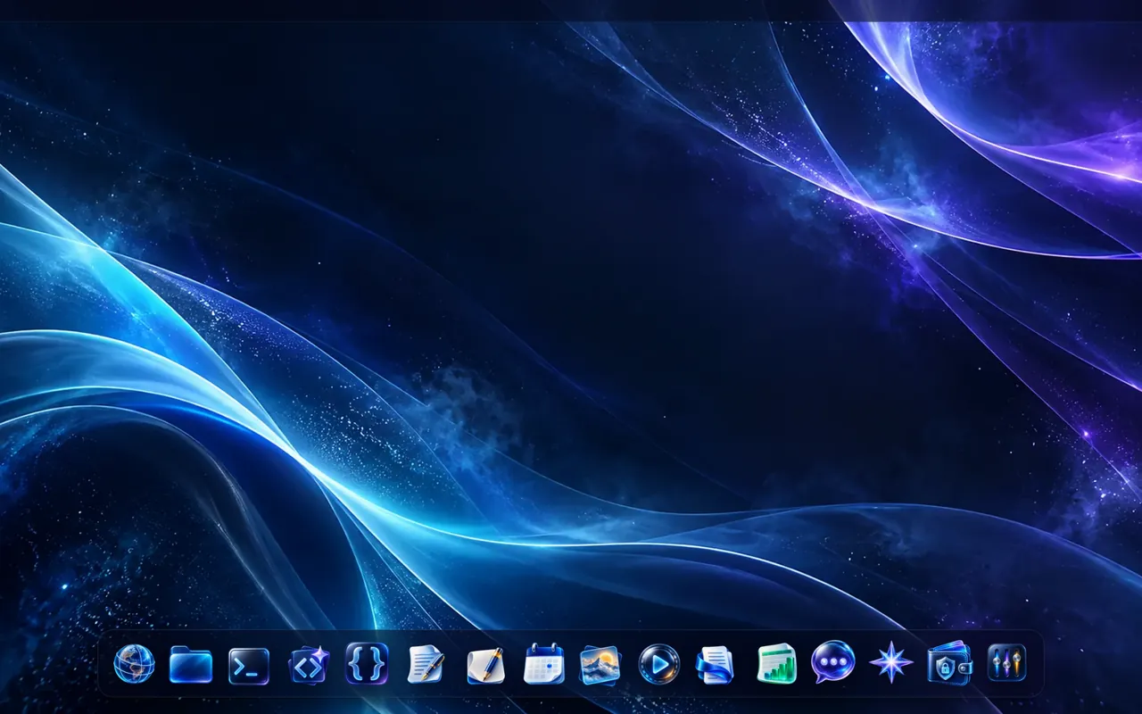The XerisOS desktop: the default wallpaper with the dock of app icons